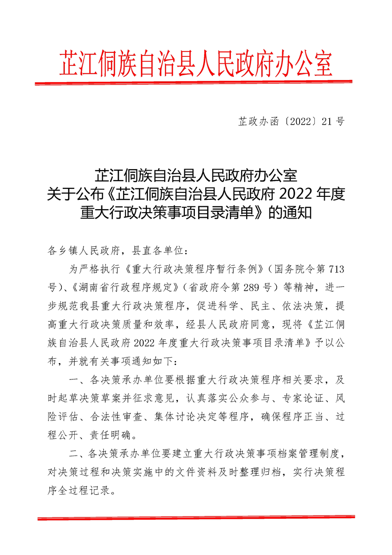
            芷江侗族自治县人民政府办公室关于公布《芷江侗族自治县人民政府2022年度重大行政决策事项目录清单》的通知
            芷政办函〔2022〕21号
          